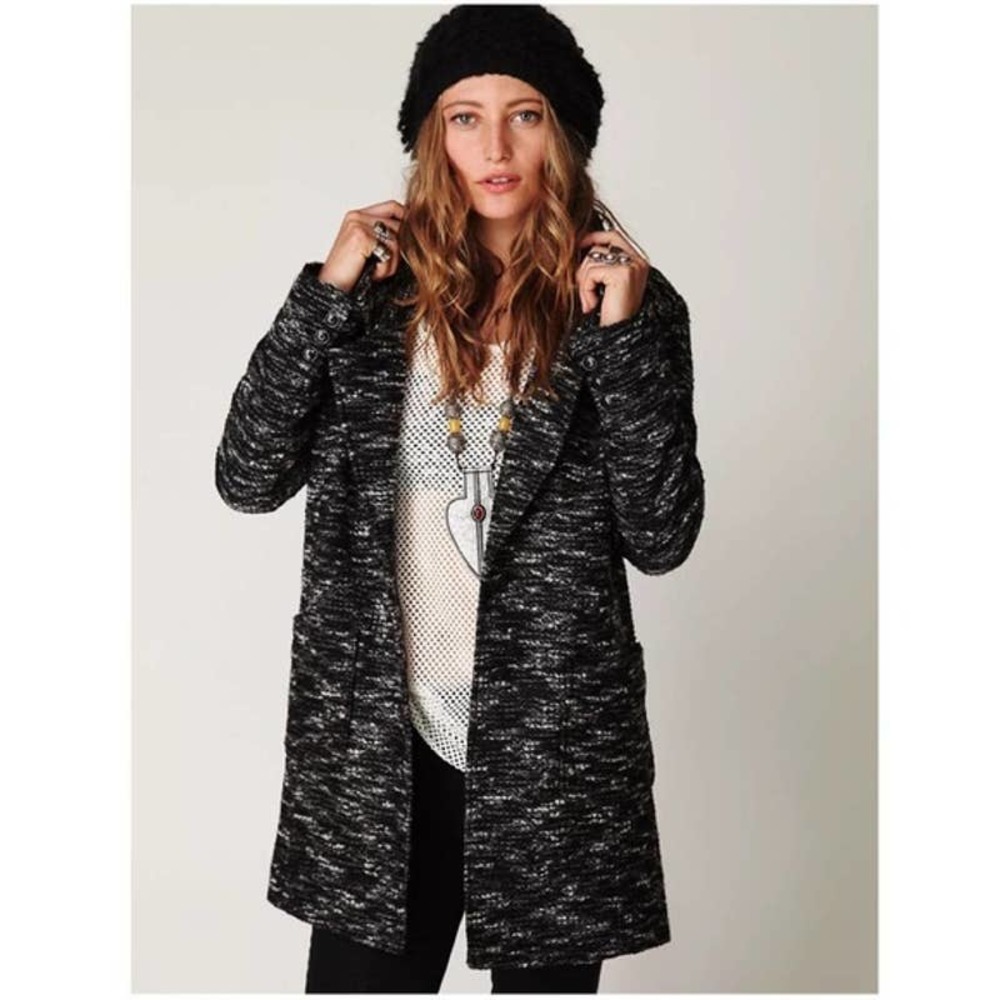 Free People Bouclé Textured Overcoat Jacket Coat black tweed S